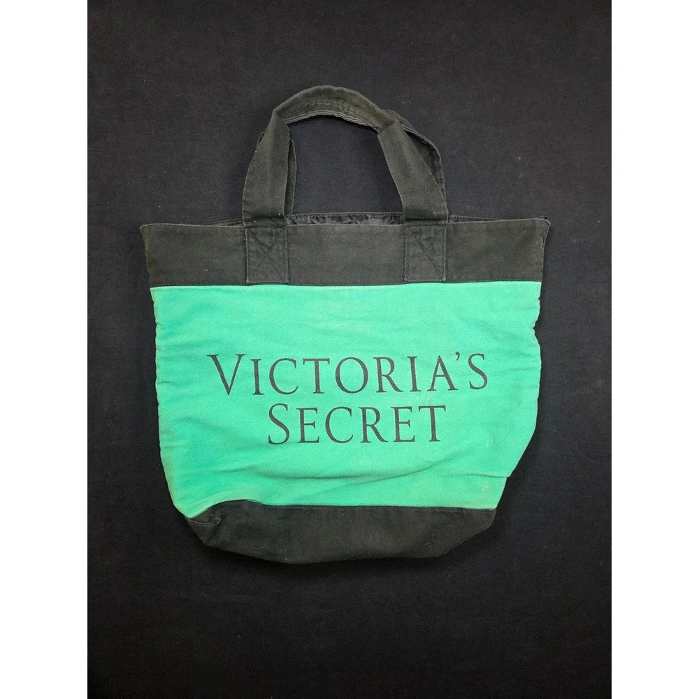 Victorias Secret Canvas Tote Bag Teal Blue Colorblock Logo Travel Beach Bag